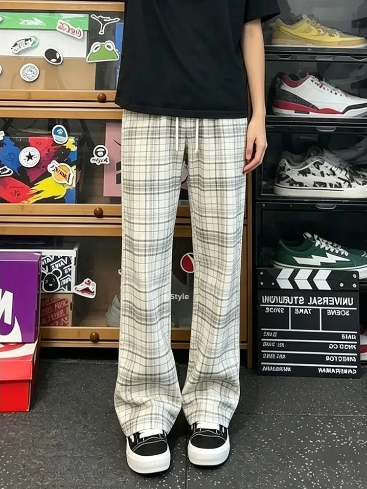 American Retro Plaid Straight Casual Pants Loose Fit Men Autumn Trendy Loose Drapey Light Brown Long Trousers for Youth