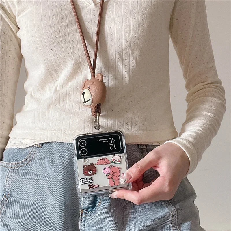 Funda de teléfono con cordón de oso lindo para Samsung Galaxy Z Flip 6 5 4 3, funda trasera protectora para ZFlip4 ZFlip5 ZFlip6