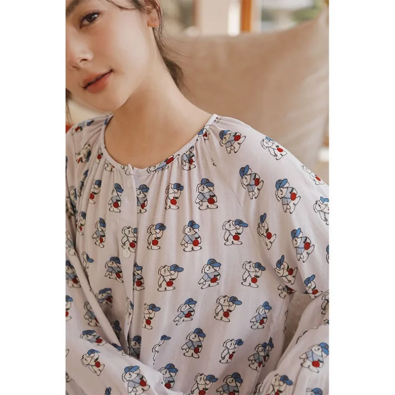 Ensemble de pyjamas en gaze de coton de bambou pour femmes, vêtements de maison, vêtements de détente à manches longues, vêtements de nuit à col rond, impression de dessin animé, printemps