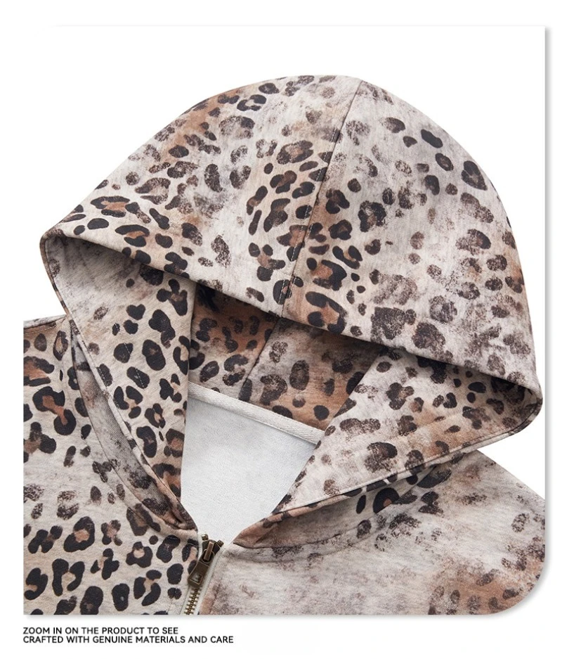 2026 Autumn New American Leopard Print Zip Up Hoodie for Men Y2K Retro Hip-hop High Street Men's Hooded Jacket Streetwear