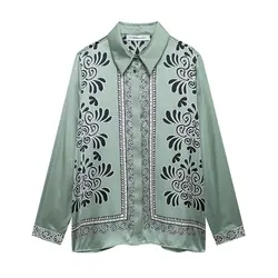 Women's Fashion Temperament Vacation Style Loose And Versatile Silk Texture Printed Top Long Sleeved Lapel Hanging Shirt