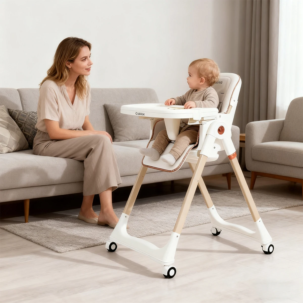 

Baby High Chair, Portable baby high chair, adjustable table and chair, Foldable, with wheels, Double-Layer Dinner Plate