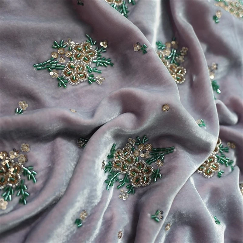 135cm Width Light Purple Silk Velvet Fabric Heavy-duty Sequins Nail Bead Embroidery Qipao Jacket Luxurious Mulberry Silk Fabric