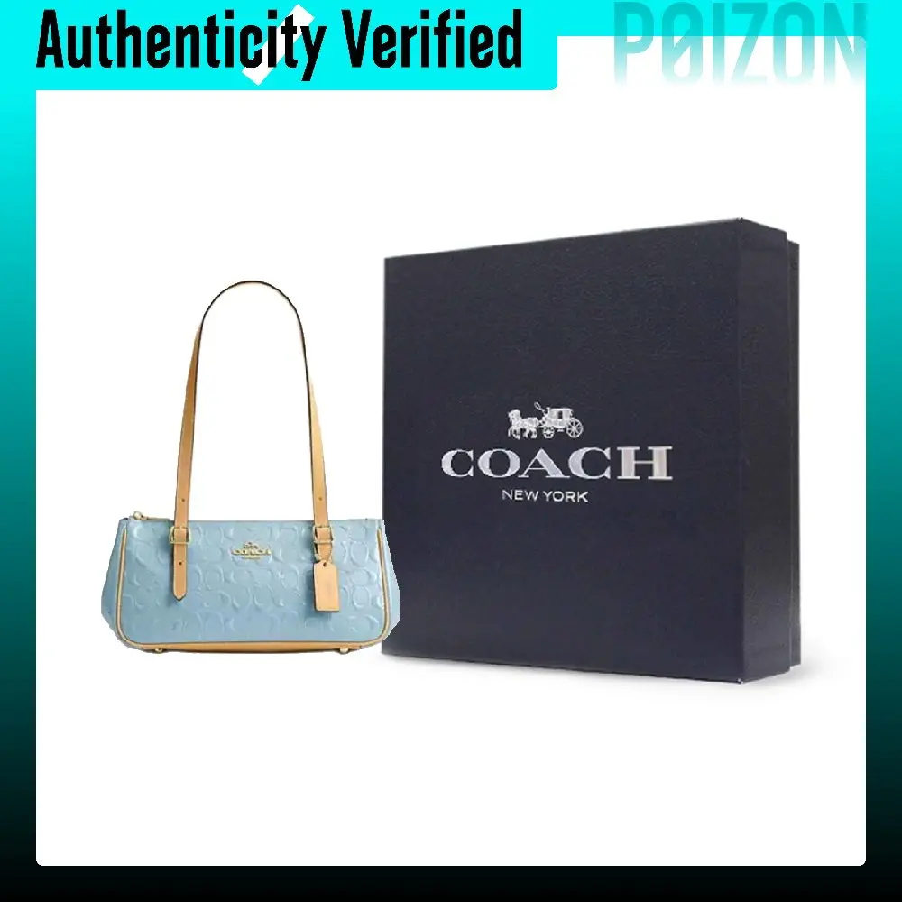 COACH Pearl Signature Patent Leather And Smooth Leather Shoulder Bags Large Women's Gold & Light Blue CER18-IMXUM