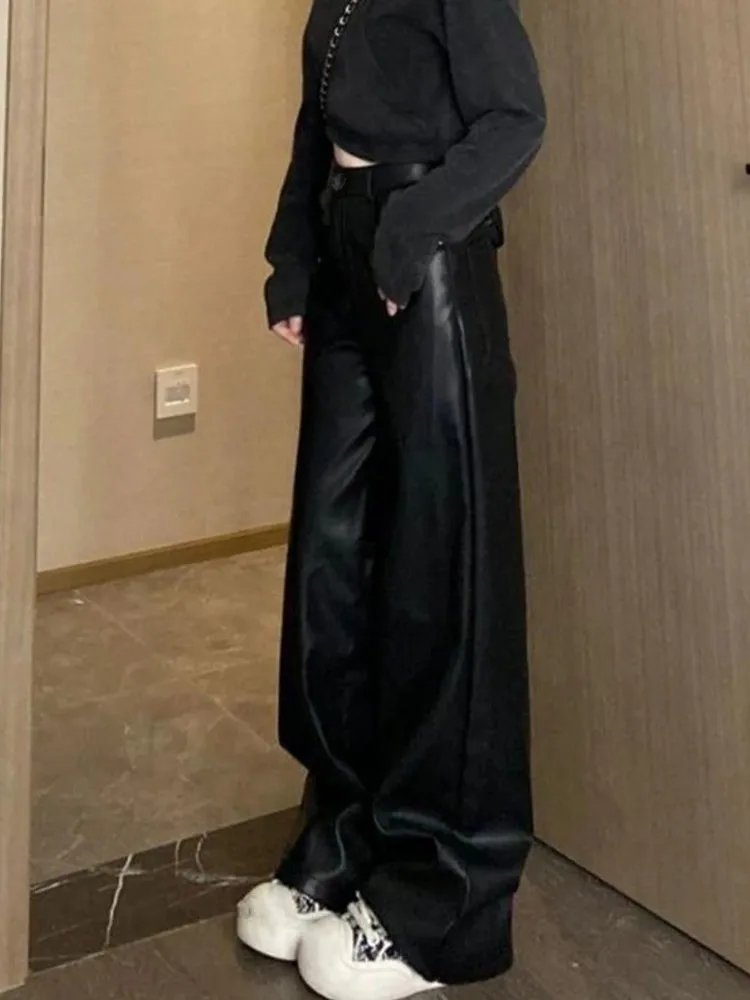 2025 vendita calda moda donna pantaloni in ecopelle vita alta slim fit dritto pantaloni a gamba larga primavera autunno pantaloni casual da pavimento
