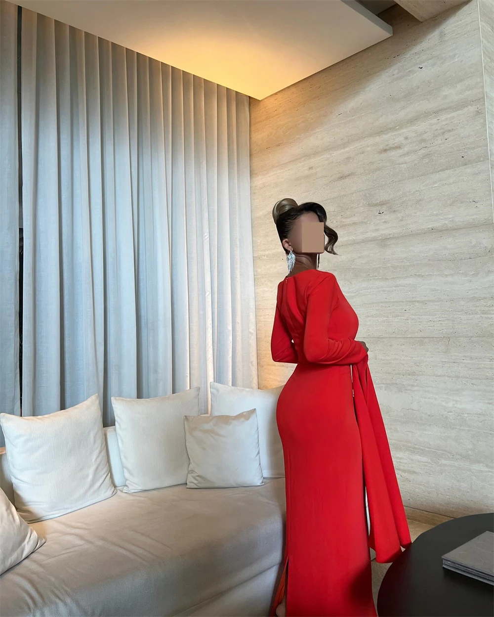 

Customized Classic Red Jersey O-Neck Off the Shoulder Long Sleeves Evening Dress Straight Floor Length Special Occasion Gowns