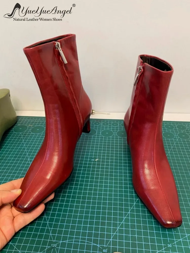 

Fashion Elegant Ladies Zipper Genuine Leather Round Toe Handmade Ankle Boots High Heel Cowhide Casual Female Comfortable Shoes