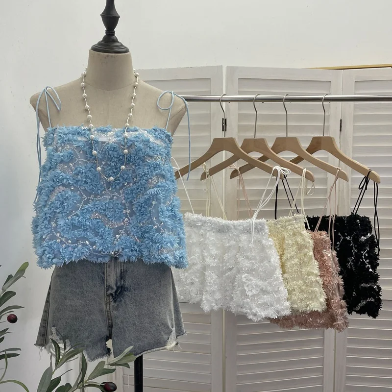 

Shiny Sequin Adjustable Strap Vest Top with 3D Petal Design Sleeveless Sparkling Summer Knitted Tube Top for Women