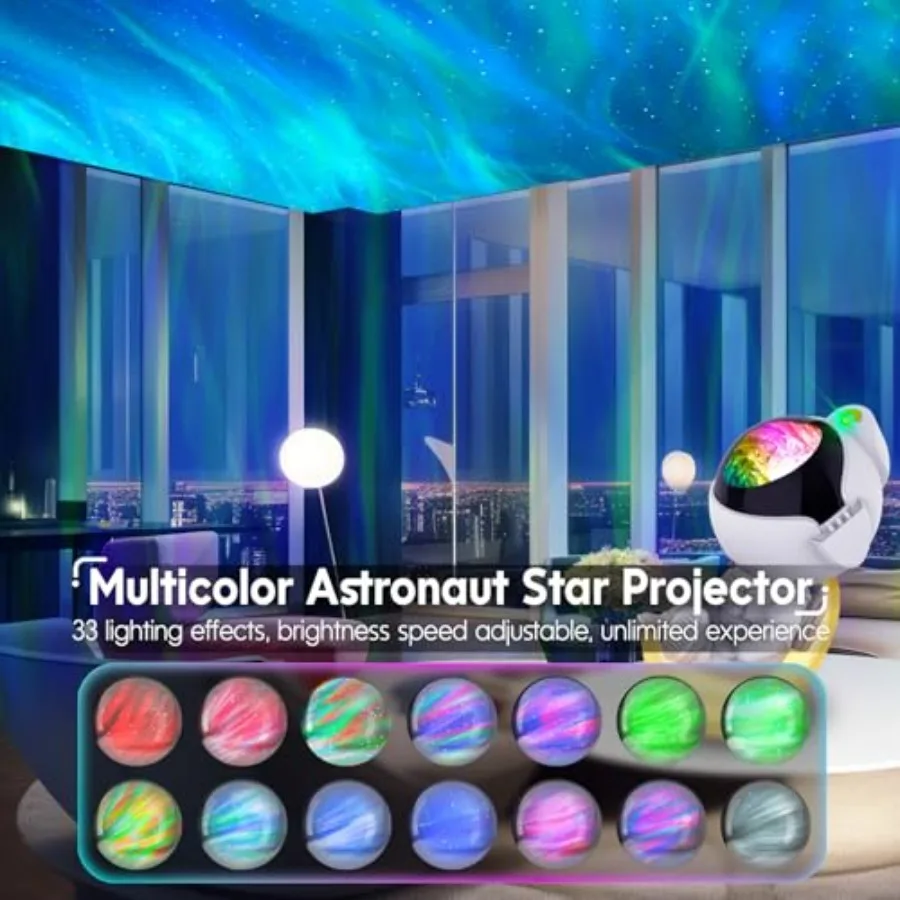 Astronaut Galaxy Northern Lights Star Projector Night Light 33 Lighting Effects, Color Changing Light, Sound Activated, 1/2H Ti