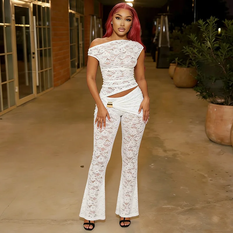 

See Through Lace 2 Piece Set Women Sexy Inclined Shoulder Irregular T-shirts Tops + Metal Knot Ruched Cover Flare Pants Suits