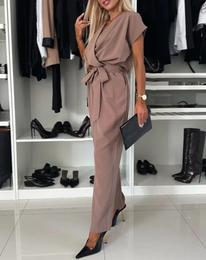 full length for sexy and elegant women Wrap V-Neck Short Sleeve Tied Detail Jumpsuit Casual Pocket Design Rompers for women