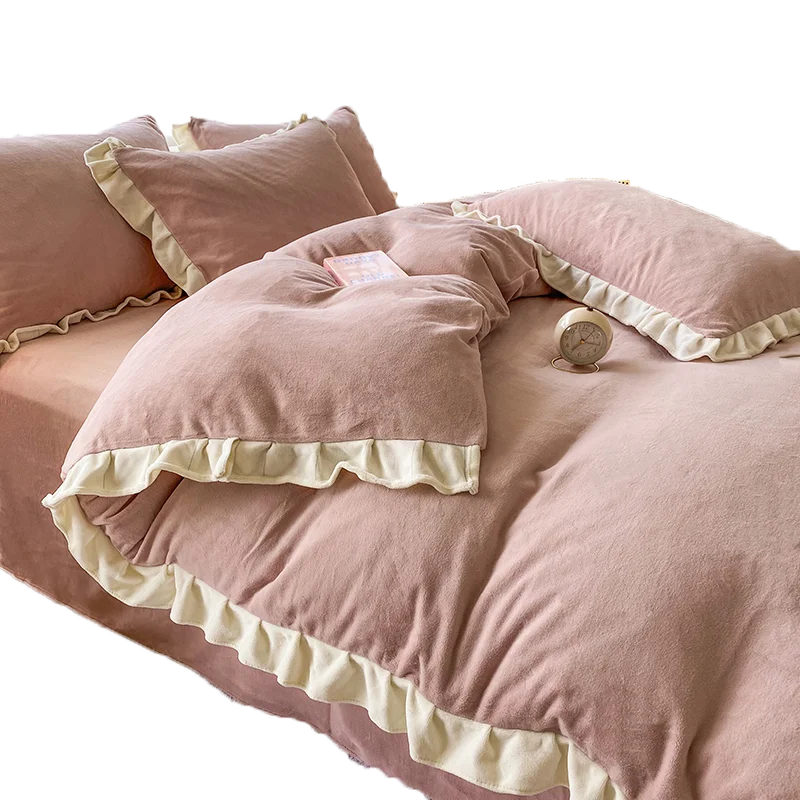 Milk Fiber Four-Piece Set Winter Coral Fleece Warm Thickened Double-Sided Fleece Quilt Cover Bedding Autumn Winter