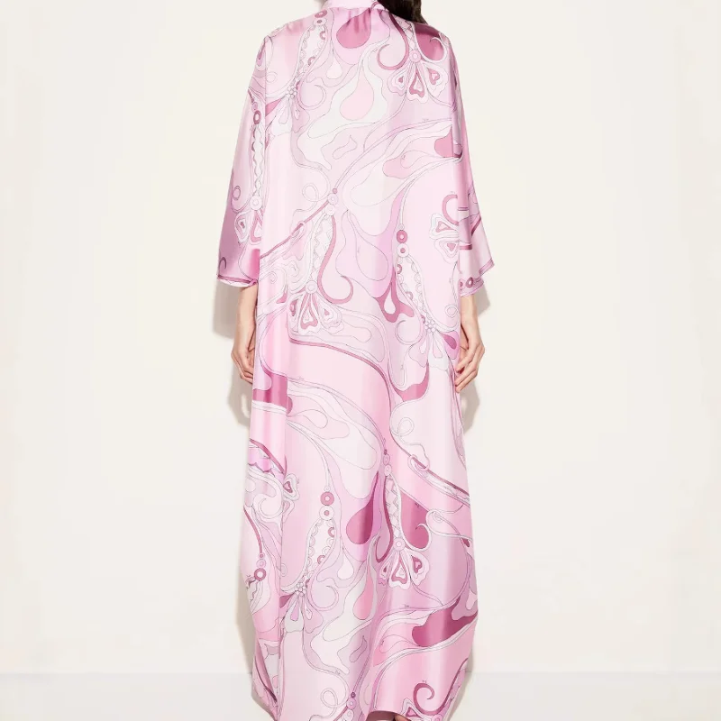 2025 nova moda elegante vestido de festa de férias vintage robe impressão geométrica cetim caftan vestido feminino gola solta oco