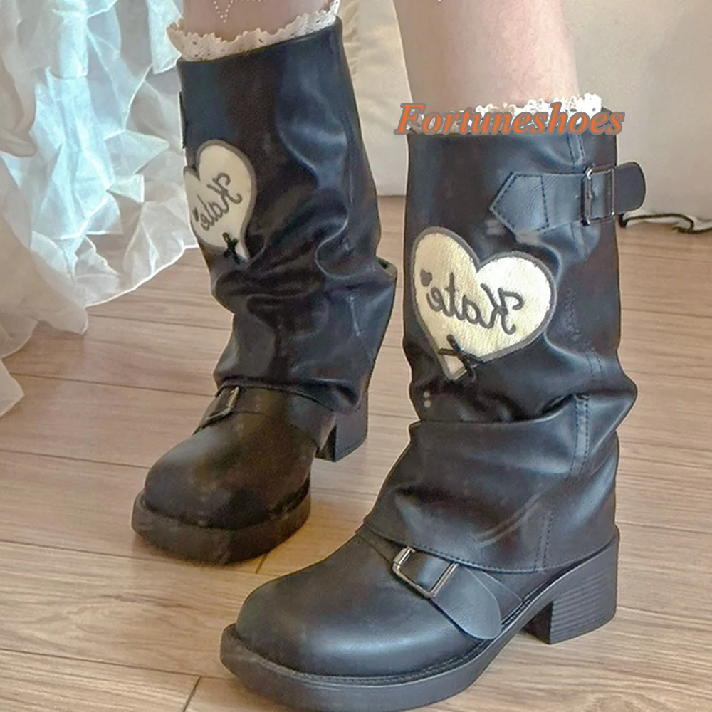 Embroidered Round Toe Boots Chunky Heel Women Belt Buckle Boots Knee High 2025 Newest Winter Belt Buckle Fashion Casual Boots