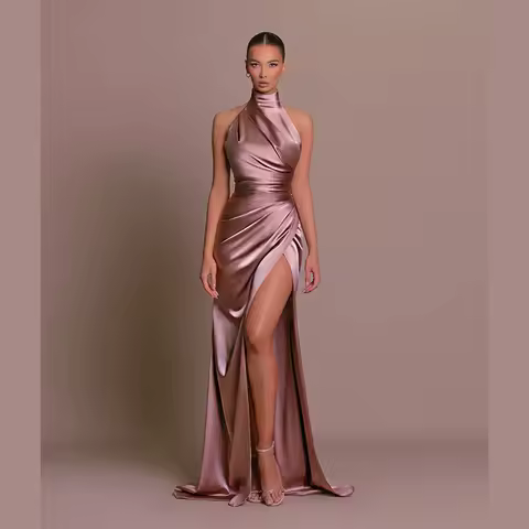 Ladies Satin Evening Birthday Party Dresses Women Sleeveless Backless Halter Side Slit Elegant Long Dress