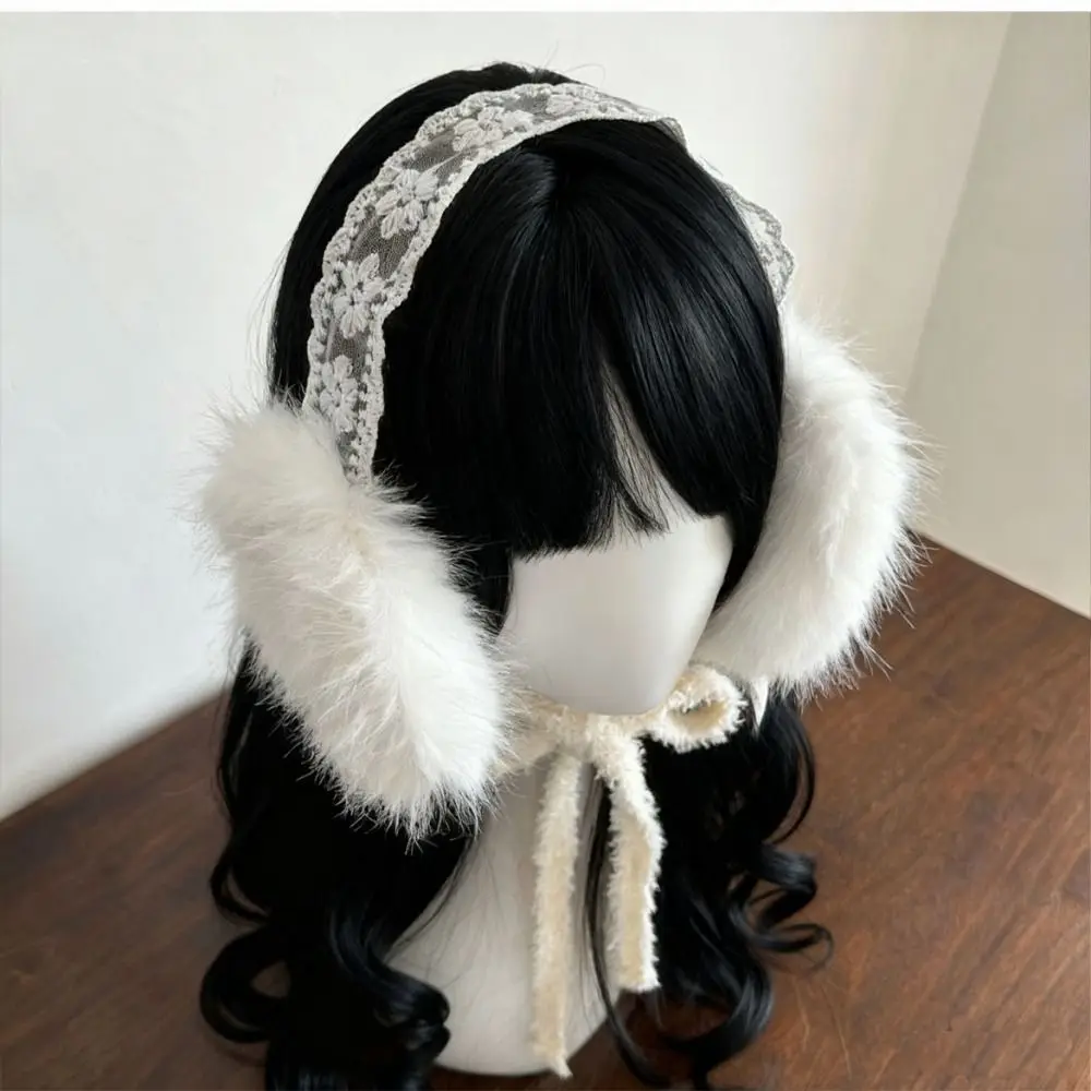 Penutup Telinga Berbahan Plush dengan Renda, Penutup Telinga Tebal Gaya JK, Penutup Telinga Musim Dingin Anti Angin, Penutup Telinga Penghangat untuk Wanita