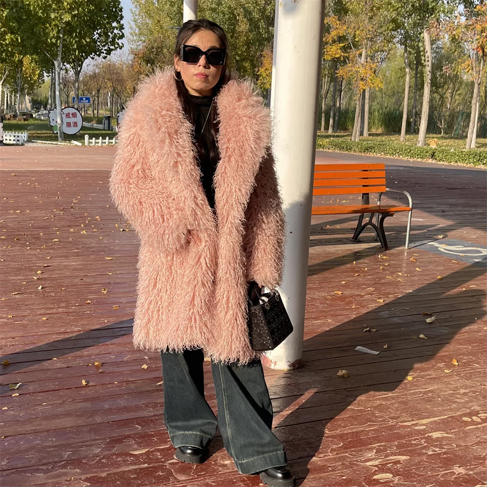 Eco-Friendly Fur Woman Winter Coats Super Warm Mongolian Wool Faux Fur Coat Turn-Down Neck Woolen Jacket Long Sleeve Outerwears