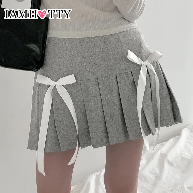 

IAMHOTTY Cute Double Bow A-line Pleated Knitted Skirt High Waist Mini Skirts Preppy Style Sweeet Girls Streetwear Korean Outfits