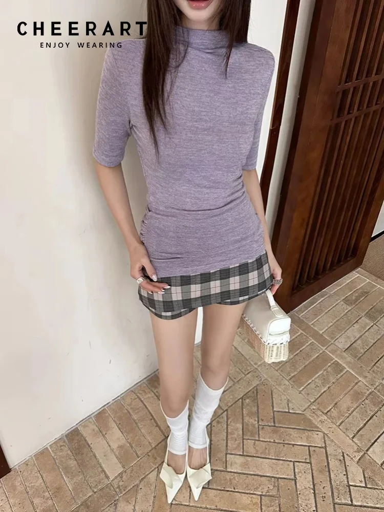CHEERART Purple High Neck Half Sleeve Tees Women T Shirts Summer Solid Top Extremely Tight Casual Tshirt