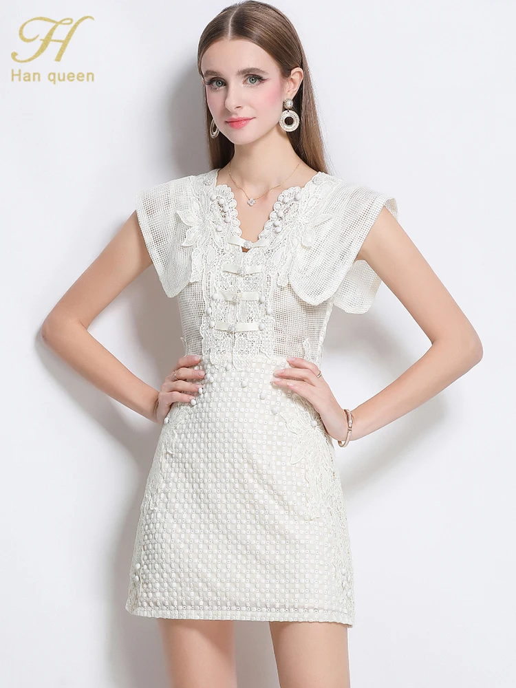 

H Han Queen Summer Vestidos Elegant Embossed Design Sleeveless Sexy Hollow Belly Design Chic Holiday Party Short Dresses Ladies