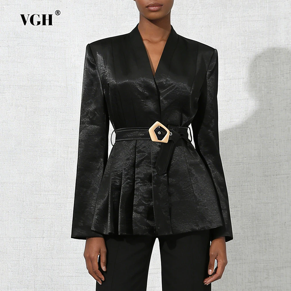 VGH Solid Elegant Slimming Jackets For Women V Neck Long Sleeve Spliced Belt Spring Design Sense Folds Jacket Female Fashion New