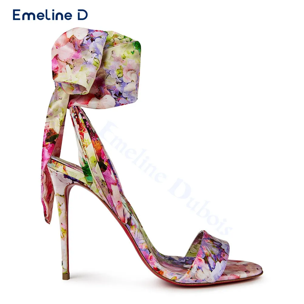 

Bright Colorful Flower Print Satin Sandals Round Toe One-Strap Stiletto Sexy Sandals Calf Straps Fashionable Women's Shoes