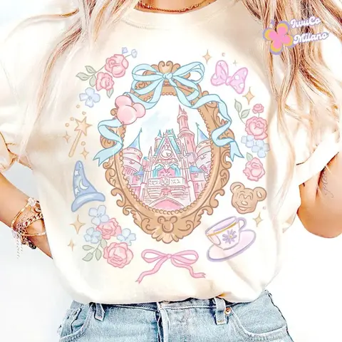 Camicia Coquette Bow Disney Castle Magical Kingdom Girls Maglietta da viaggio per ragazze Disney Y2K T-shirt sportiva per il tempo libero alla moda da donna