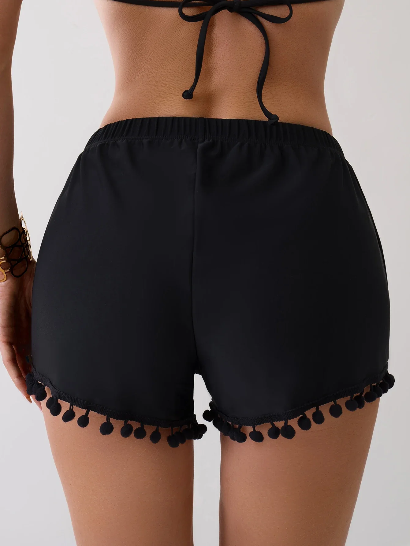 Women Swimwear Shorts Black Tassels Quick Dry Beach Pants Female Plush Ball Shorts With Plush Ball