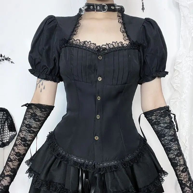 

Dark Gothic Lolita Style Shirts Women Vintage Sweet Lace Patchwork Puff Short Sleeves Slim Blouses Female Japanese Fashion Tops