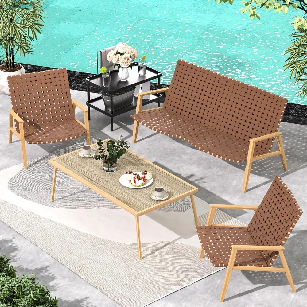 

4 Piece Patio Furniture Set, Leather Exterior Patio Conversation Set, Outdoor Furniture Set with Coffee Table for Balcony