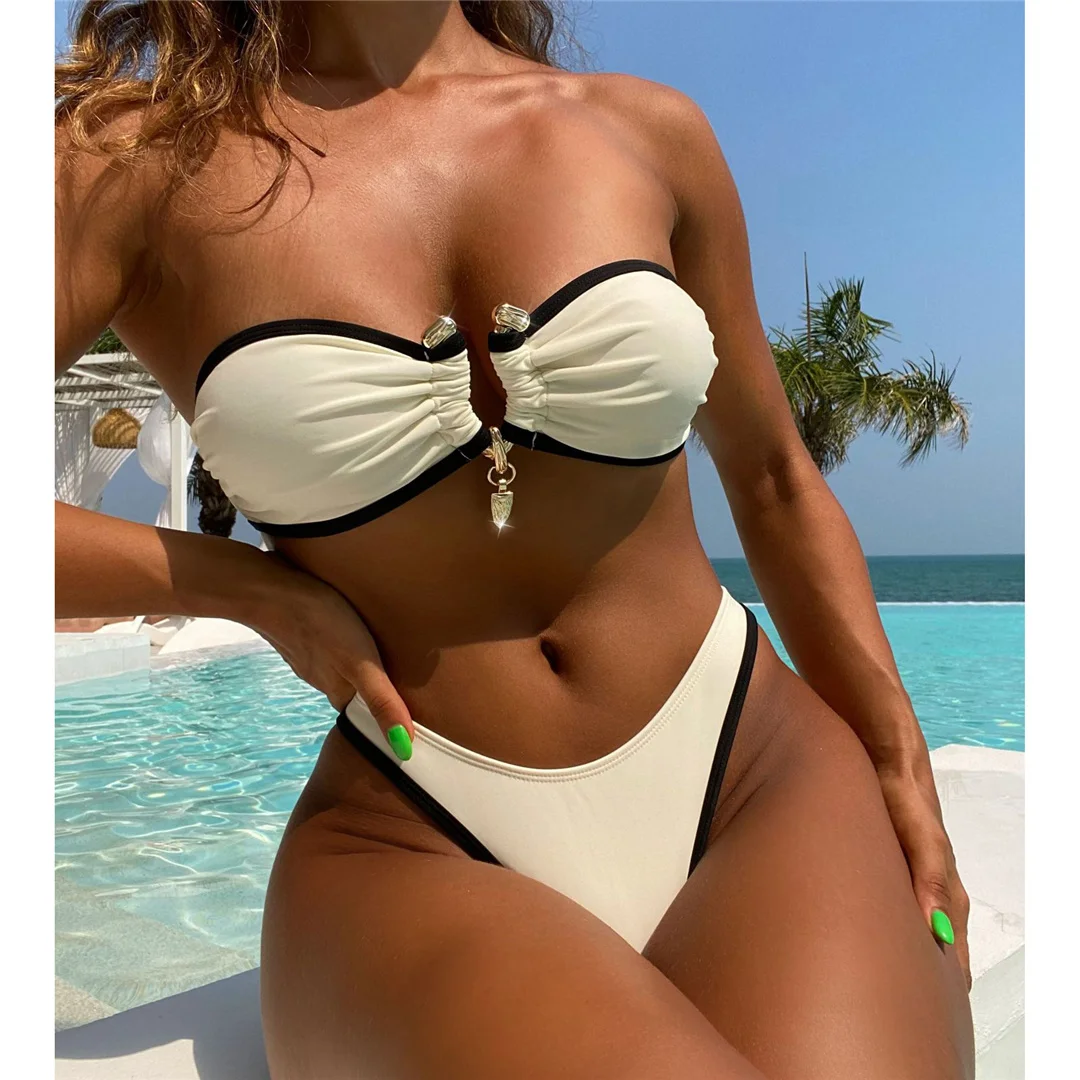 Bandeau-Splicing-Bikini mit Metallring, brasilianischer Bikini, Damen-Badebekleidung, zweiteiliger Bikini-Set, Badeanzug, Badebekleidung, Schwimmbikini V5651 – Detail 9