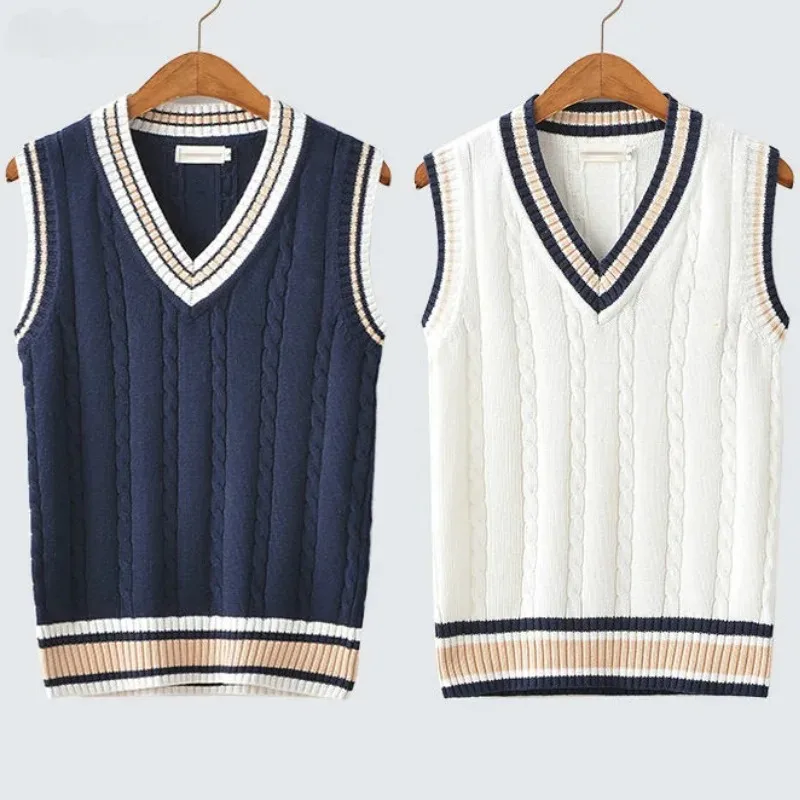 

Men Sweater Vest Autumn Winter Sleeveless Knitted Pullovers Male Casual Loose Waistcoat V-neck Striped Retro Tops Chic Knitwear