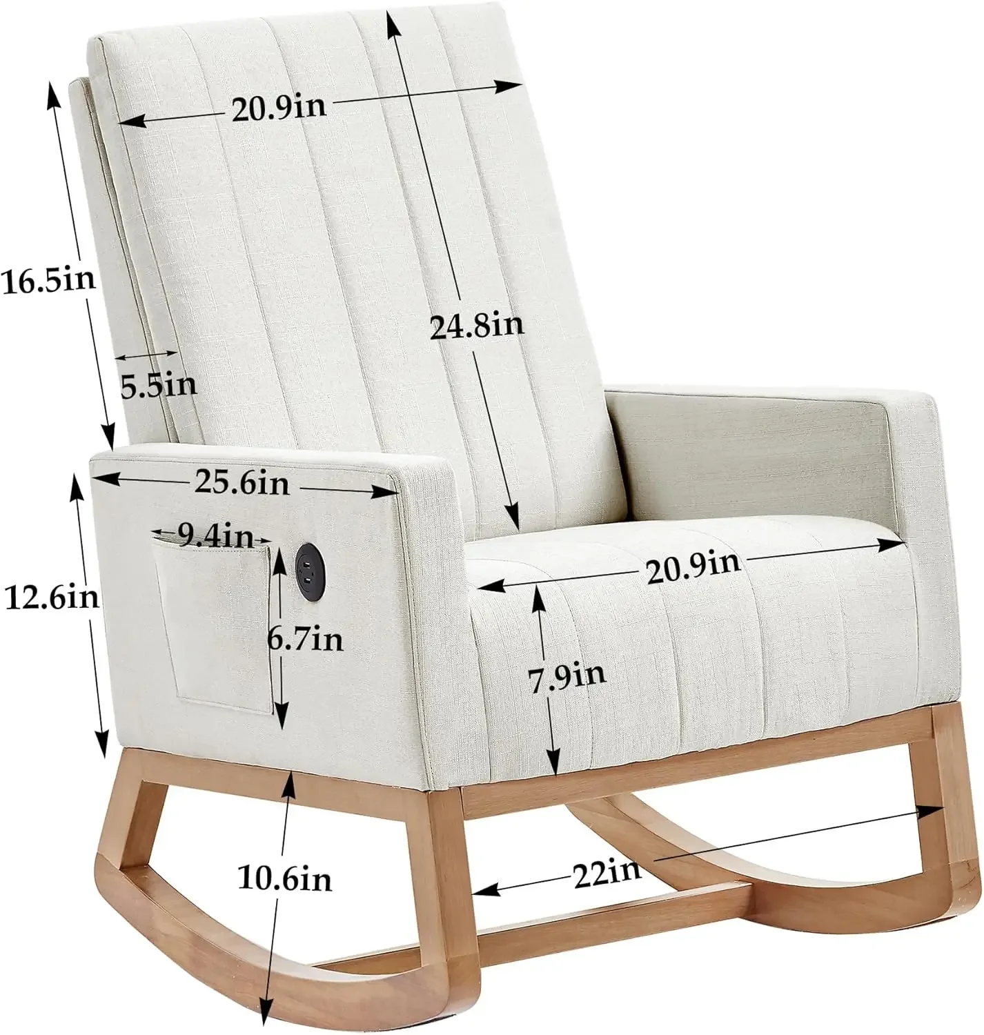 Rocking Chair, Upholstered Glider Rocker for Nursery Comfy Armchair with Safe Solid Wood Base/USB Port/Side Pocket for Living Ro