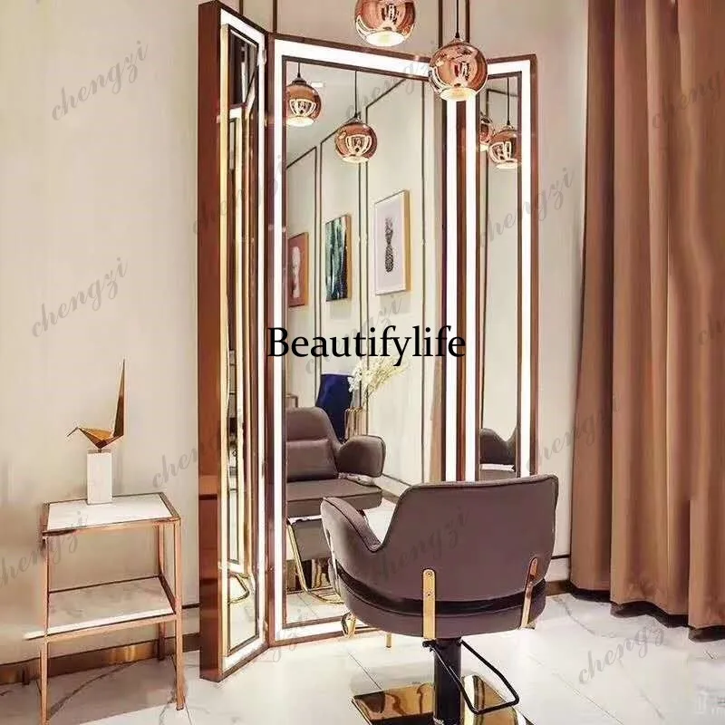 Z138 hair salon mirror table, special for hair salon, simple barber shop mirror table, floor-to-ceiling three-sided hair salon