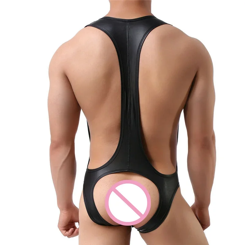 Sexy Mens Undershirts PU Leather Bodysuit One-Piece Leotard Clubwear Wrestling Singlet Gay Backless Briefs Penis Pouch Jumpsuits