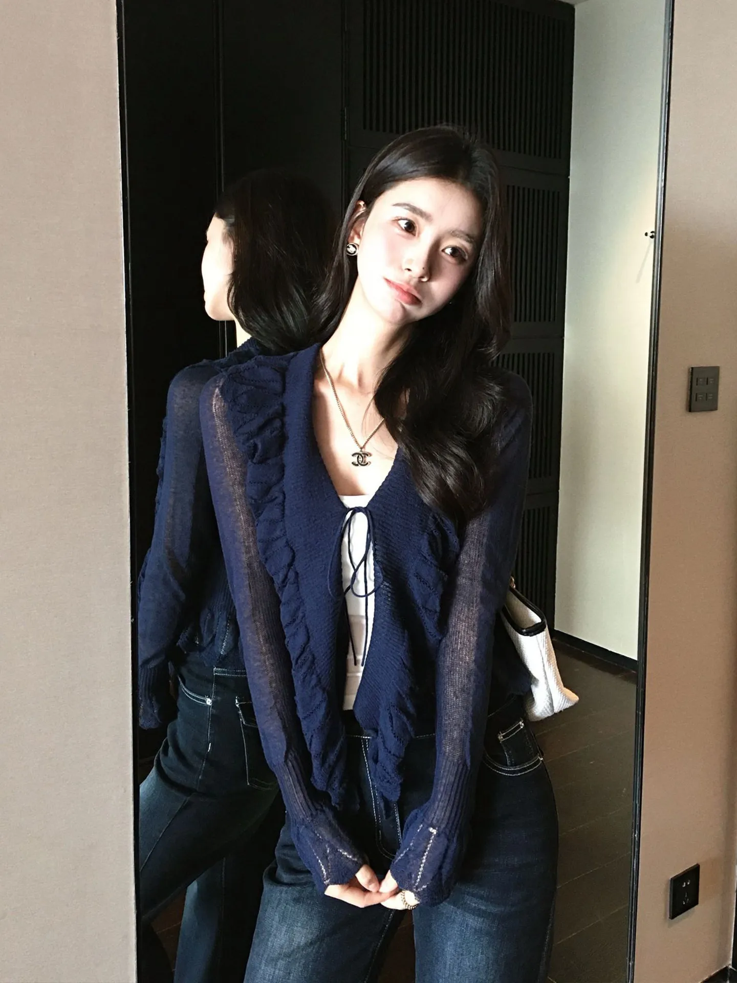 Retro Blue Knitted Open Cardigan Women's Early Autumn High-End Short Style with Belt Korean Style V-Neck Regular Fit Long Sleeve