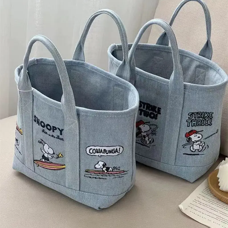 

New Snoopy Light Blue Cowboy Embroidered Cute Canvas Bag Mom's Outward Handbag Bento Bag Office Worker Handbag Kid Birthday Gift