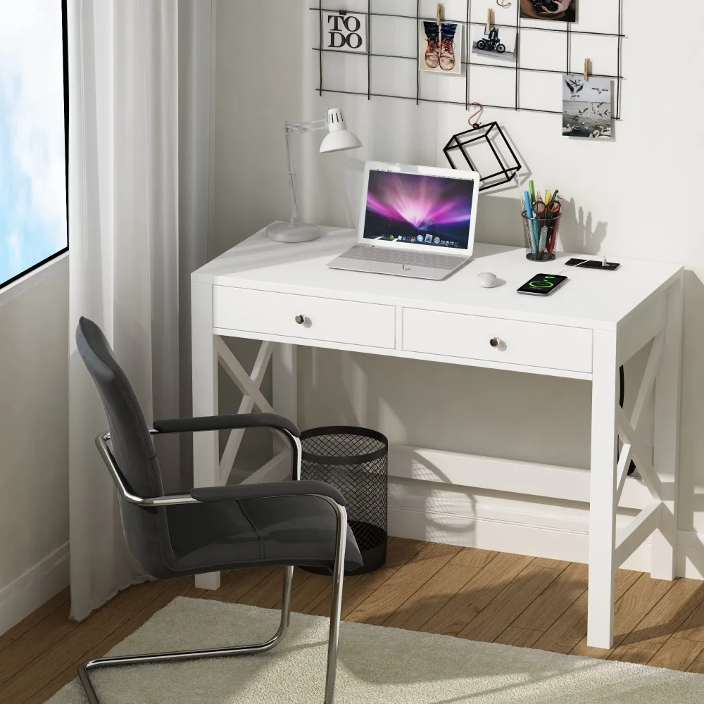 Bureau d'ordinateur avec ports de charge USB et prises de courant, bureau blanc de 39 pouces avec égouts de proximité, table d'écriture d'étude avec cadre en X stable