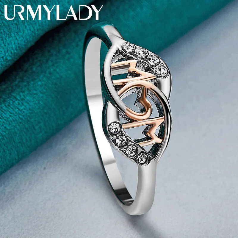 

URMYLADY 925 Sterling Silver MOM Double Round 7-10# Ring For Women Wedding Engagement Party Fashion Charm Jewelry
