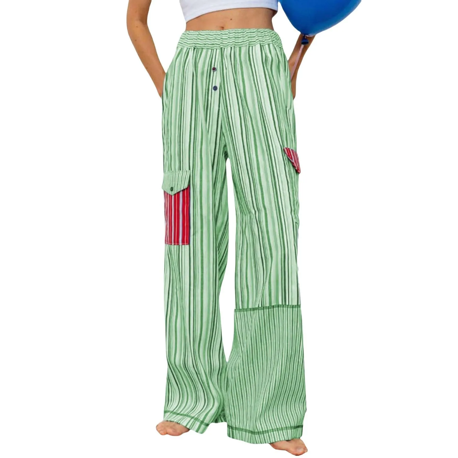 Женские цветные полосатые брюки с карманами, повседневные широкие прямые брюки средней посадки в стиле пэчворк, модные удобные брюки
