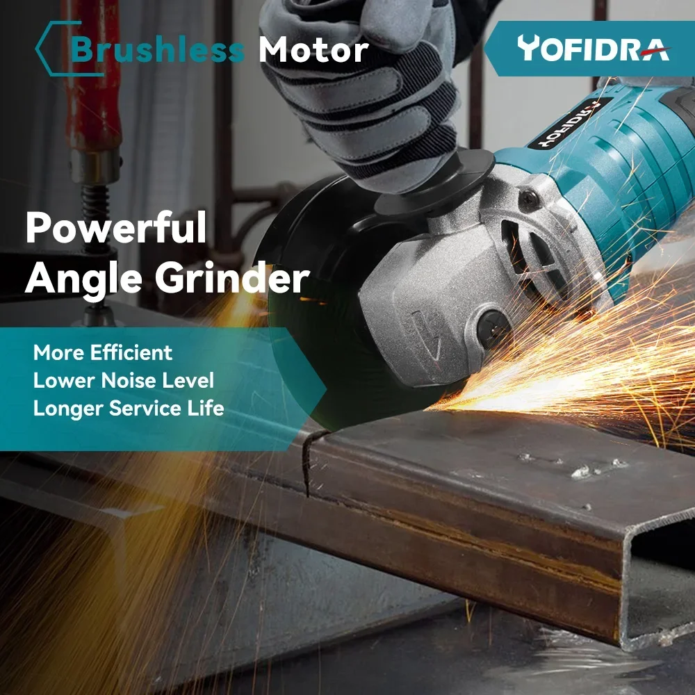 Yofidra 2500W 100mm Brushless Angle Grinder 3 Gears Cordless Cutting Polishing Woodworking Power Tool For Makita 18V Battery