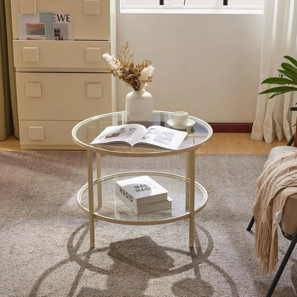 Glass Coffee Table, 25.6"" Round Coffee Table, Transparent Glass Coffee Tables For Living Room, 2-Tier Coffee Table With