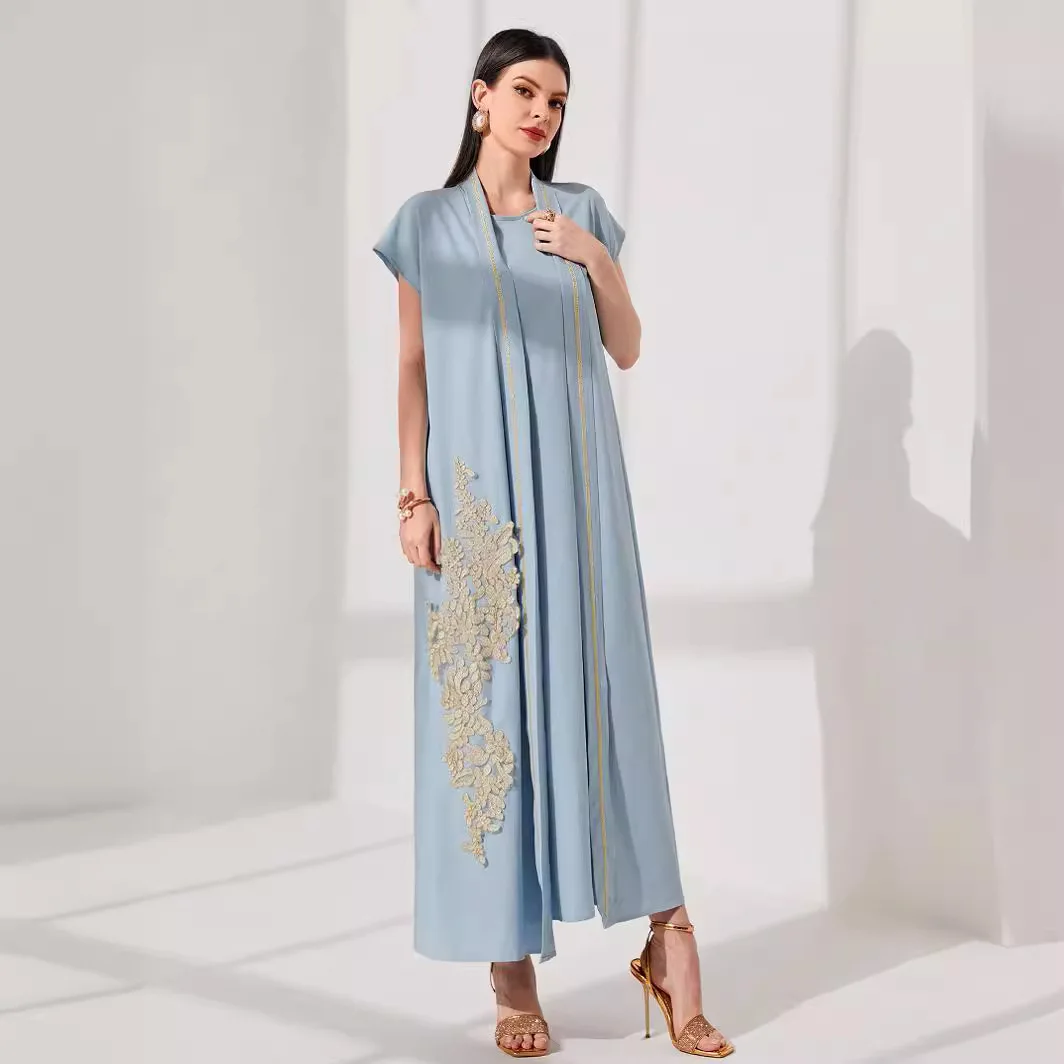 Eid Muslim Party Abaya for Women Cardigan Turkey Dubai Solid Color Two Piece Suit Jalabiya Long Dresses Morocco Kaftan Ramadan