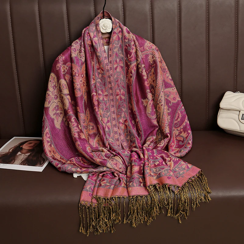 

70*190cm Winter Warm Thick Ethnic Style Jacquard Scarf Outdoor Women Travel Foulard Cashmere Tassel Shawl Wrap Pashmina Floral
