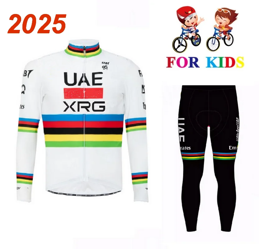 KID'S Children Spring Summer 2025 UAE Team World Champion Cycling Jerseys  Long Sleeve Men Bike Wear Cycling Clothing with Pants