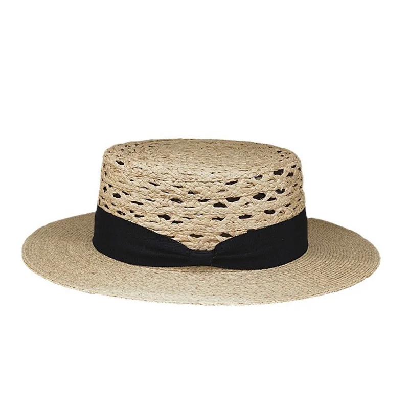 TOMKHU Wide brimmed Flat Top Lafite New Spring/Summer Straw Hat with Ribbon Accessories Sun Hat Women\'s Hollow Sun Hat Beach Hat