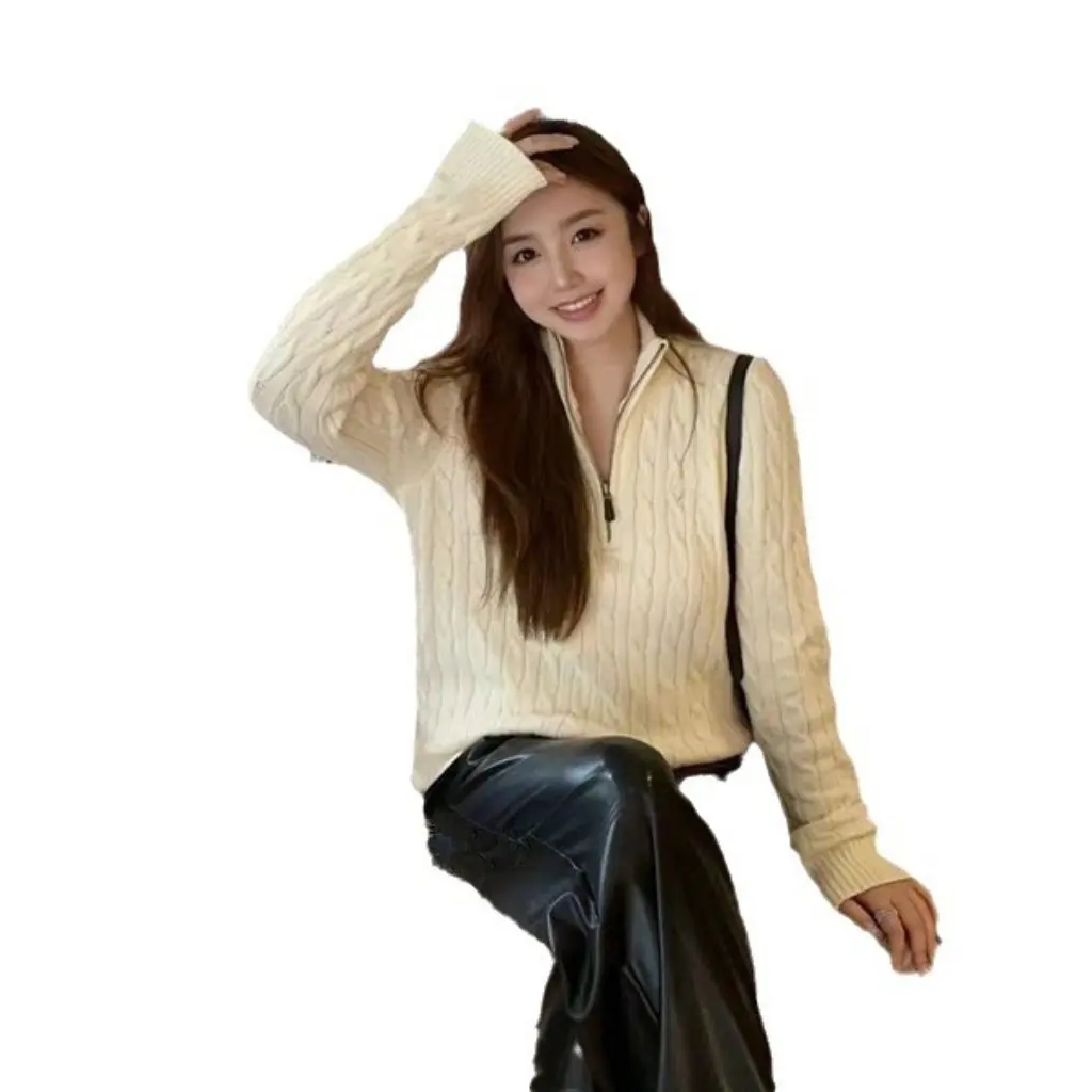 

Pony Half-Zip Wool Sweater Twisted Knitted Half-Turtleneck for Men And Women Warm Cozy Winter Fashion Essential