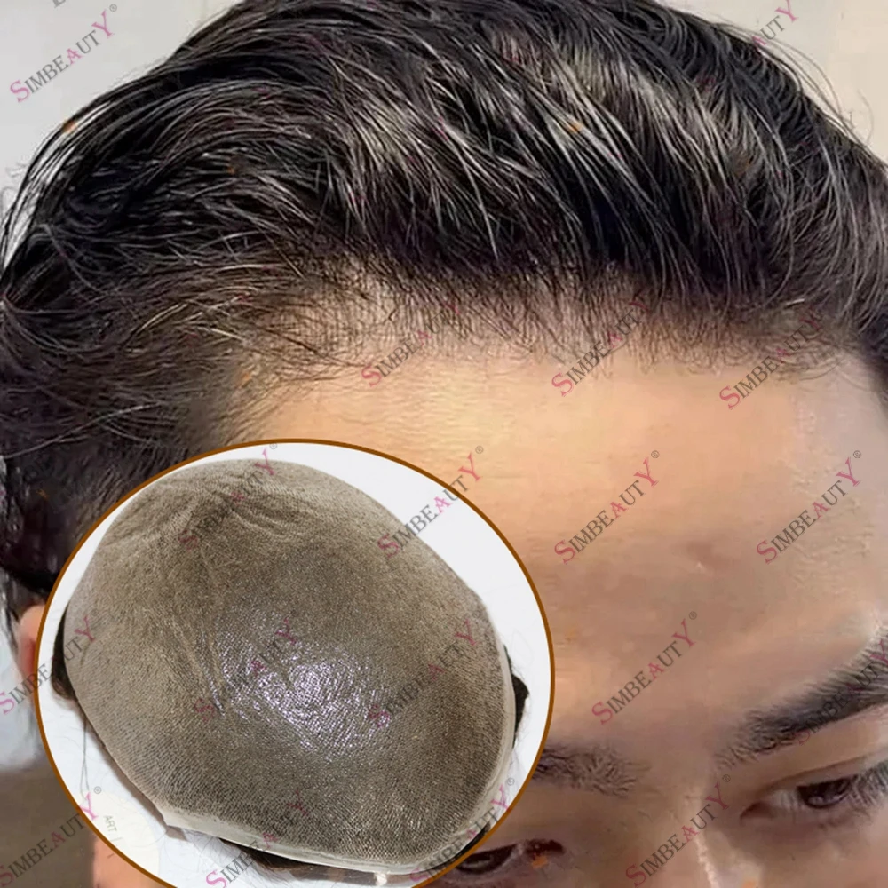 Rambut manusia pria Toupee gelap krem pirang rambut Eropa kepadatan cahaya sistem pengganti rambut untuk pria Ultra tipis PU dasar Toupee