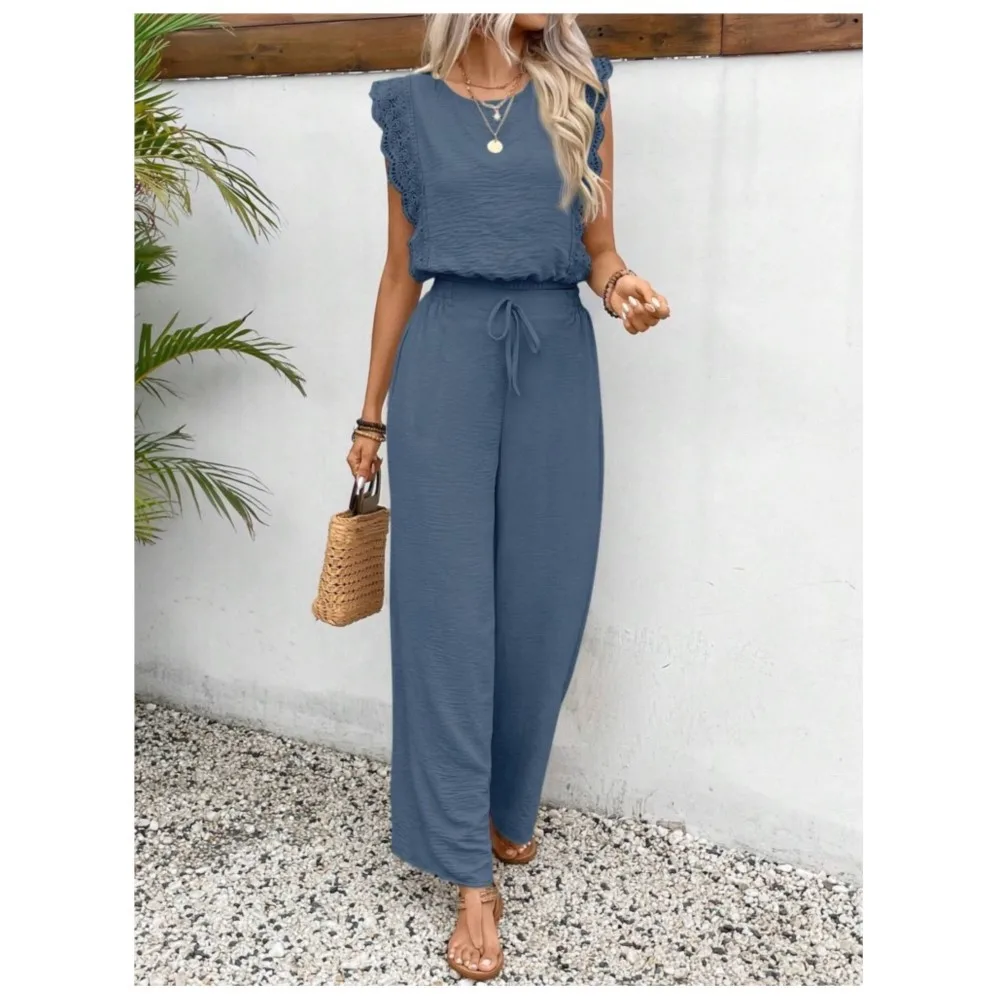 

Elegant Women's Lace Sleeveless Top And Pants 2 Piece Spring Summer New Casual Elastic Waist Lace Up Pants Ladies Streetwear Set