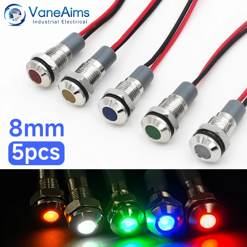 VaneAims 5PCS 8mm LED Metal Indicator Waterproof Small Flat Led Panel Mount Signal Light 3-6V 12-24V Red Yellow Blue Green White